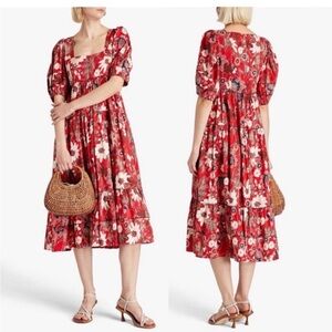 Ulla Johnson Nora dress, Red Floral Puff-Sleeve Midi Dress